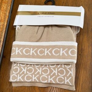 Calvin Klein Tan Beanie hat and Scarf Set.